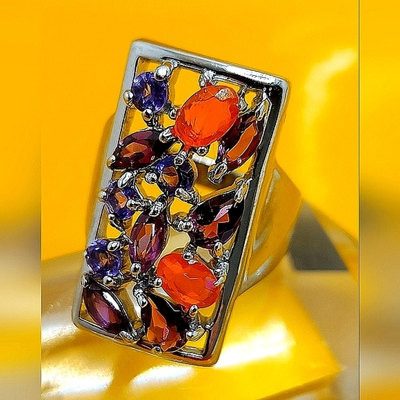 Natural Orange Opal, Amethyst, Rhodolite 925 Sterling Silver Ring Sz 7.5 - Picture 3 of 10
